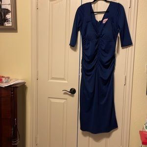 Rare larger size Bettie Page 20w midi dress royal blue and black print